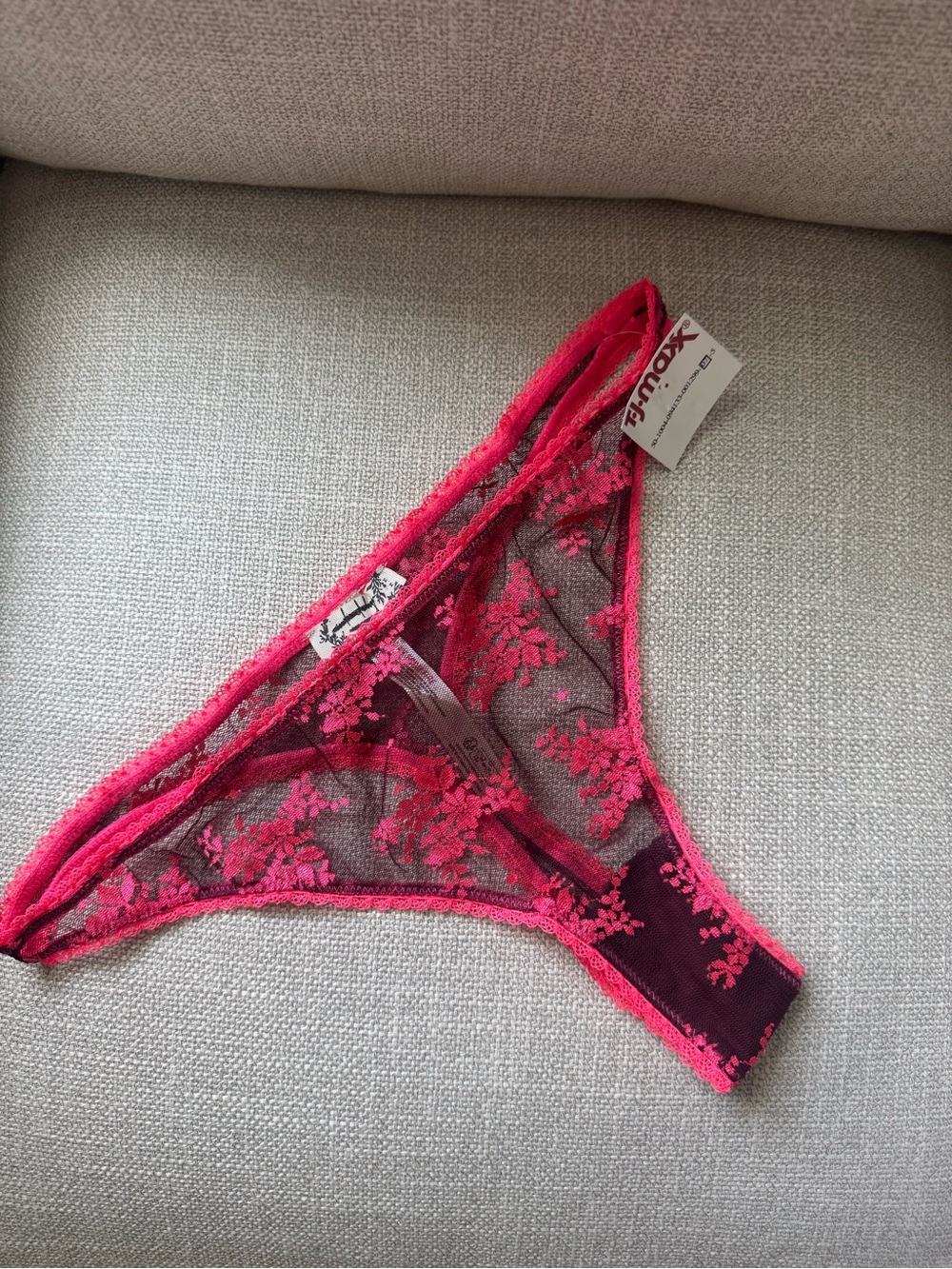 Free People Hot Pink and Maroon Sheer Floral Lace Thong - NWT